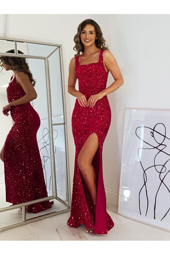 Borgonha Bainha Decote Quadrado Lantejoulas Veludo Longo Lantejoulas Veludo Vestidos de Festa Acessíveis
