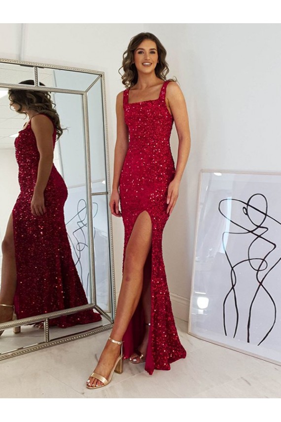 Borgonha Bainha Decote Quadrado Lantejoulas Veludo Longo Lantejoulas Veludo Vestidos de Festa Acessíveis
