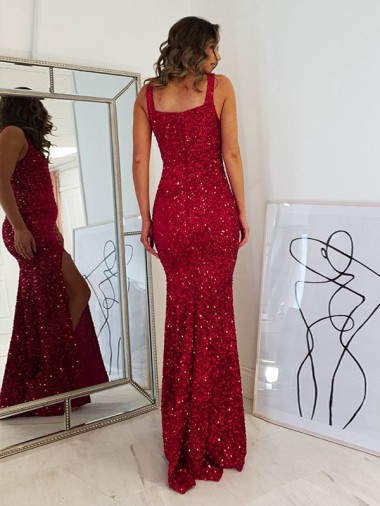 Borgonha Bainha Decote Quadrado Lantejoulas Veludo Longo Lantejoulas Veludo Vestidos de Festa