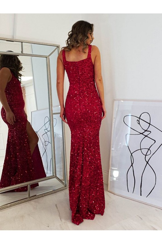 Borgonha Bainha Decote Quadrado Lantejoulas Veludo Longo Lantejoulas Veludo Vestidos de Festa Acessíveis