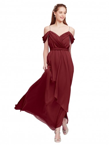 Borgonha Bainha Fora do Ombro Chiffon Longo Vestidos de Madrinha