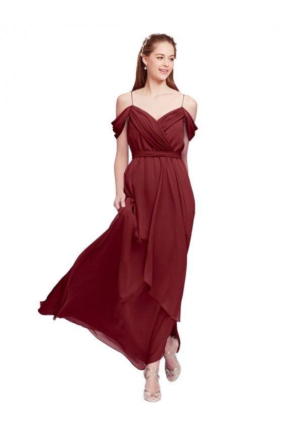 Borgonha Bainha Fora do Ombro Chiffon Longo Vestidos de Madrinha Acessíveis