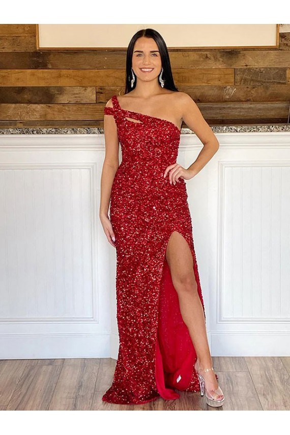 Borgonha Bainha Um Ombro Comboio Varredela Lantejoulas Veludo Longo Lantejoulas Veludo Vestidos de Festa Acessíveis