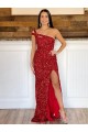 Borgonha Bainha Um Ombro Comboio Varredela Lantejoulas Veludo Longo Lantejoulas Veludo Vestidos de Festa Acessíveis
