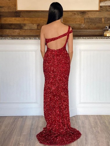 Borgonha Bainha Um Ombro Comboio Varredela Lantejoulas Veludo Longo Lantejoulas Veludo Vestidos de Festa