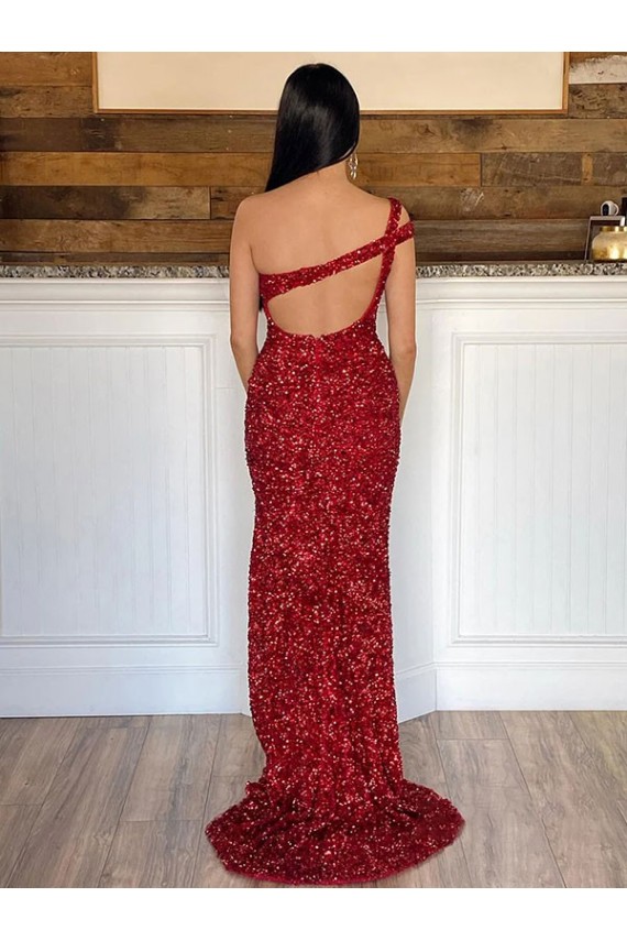 Borgonha Bainha Um Ombro Comboio Varredela Lantejoulas Veludo Longo Lantejoulas Veludo Vestidos de Festa Acessíveis