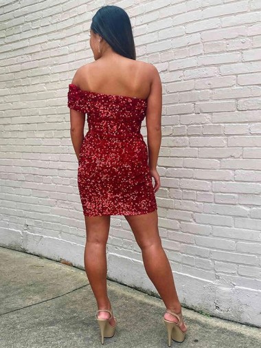 Borgonha Bainha Um Ombro Curto Lantejoulas Veludo Curto Lantejoulas Veludo Vestidos de Festa