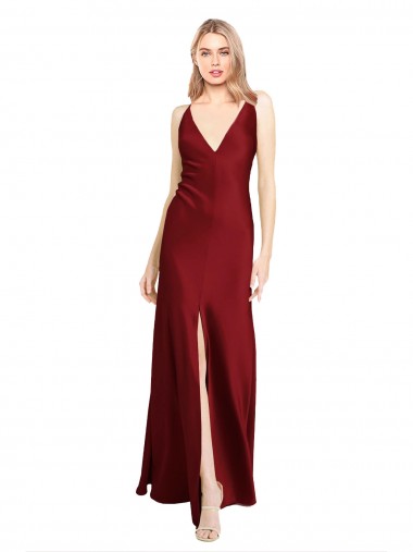 Borgonha Cetim Elástico Linha A Sem Mangas Decote V Longo Formais Vestidos de Madrinha / Vestidos de Noite / Vestidos de Festa