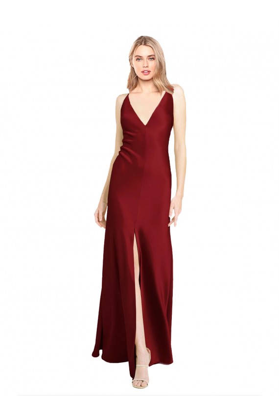 Borgonha Cetim Elástico Linha A Sem Mangas Decote V Longo Formais Vestidos de Madrinha / Vestidos de Noite / Vestidos de Festa