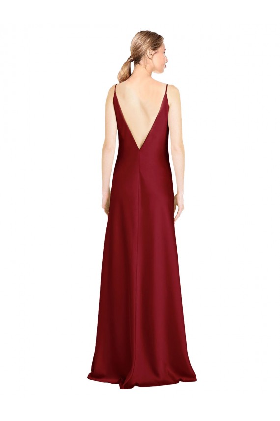 Borgonha Cetim Elástico Linha A Sem Mangas Decote V Longo Formais Vestidos de Madrinha / Vestidos de Noite / Vestidos de Festa