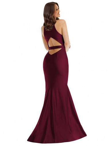 Borgonha Cetim Sedoso Sereia Sem Mangas Decote V Longo Formais Vestidos de Madrinha / Vestidos de Noite / Vestidos de Festa