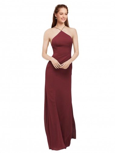 Borgonha Chiffon Bainha Abrir de volta Cabeçada Longo Vestidos de Madrinha