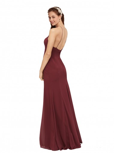 Borgonha Chiffon Bainha Abrir de volta Cabeçada Longo Vestidos de Madrinha
