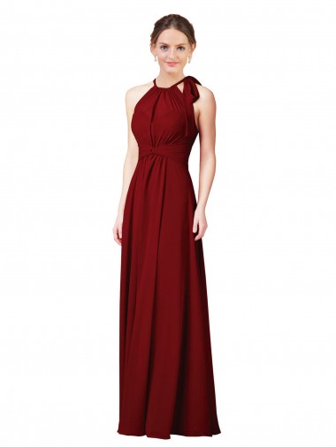 Borgonha Chiffon Bainha Cabeçada Longo Vestidos de Madrinha