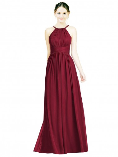 Borgonha Chiffon Linha A Abrir de volta Cabeçada Longo Vestidos de Madrinha