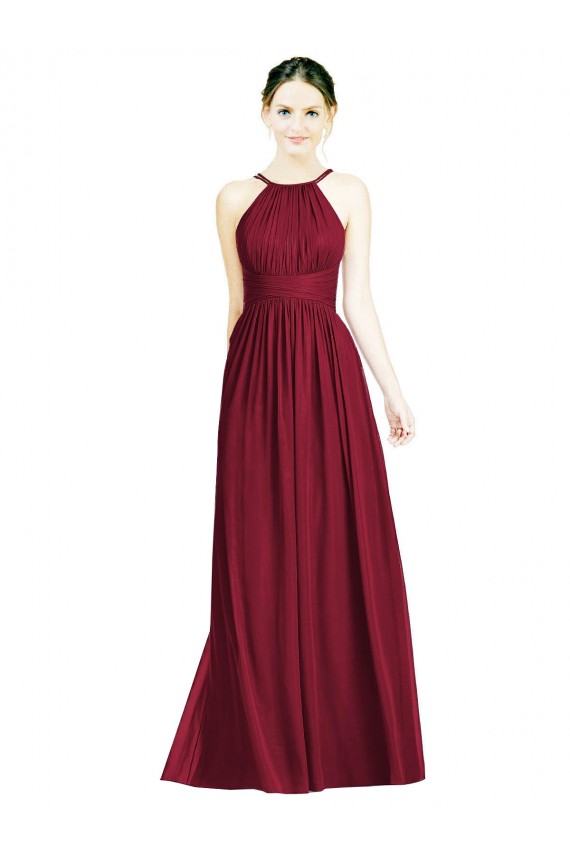 Borgonha Chiffon Linha A Abrir de volta Cabeçada Longo Vestidos de Madrinha Acessíveis