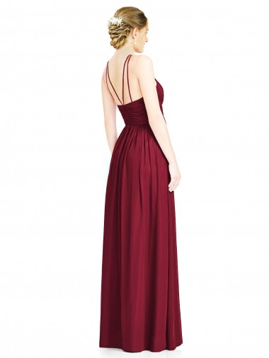 Borgonha Chiffon Linha A Abrir de volta Cabeçada Longo Vestidos de Madrinha