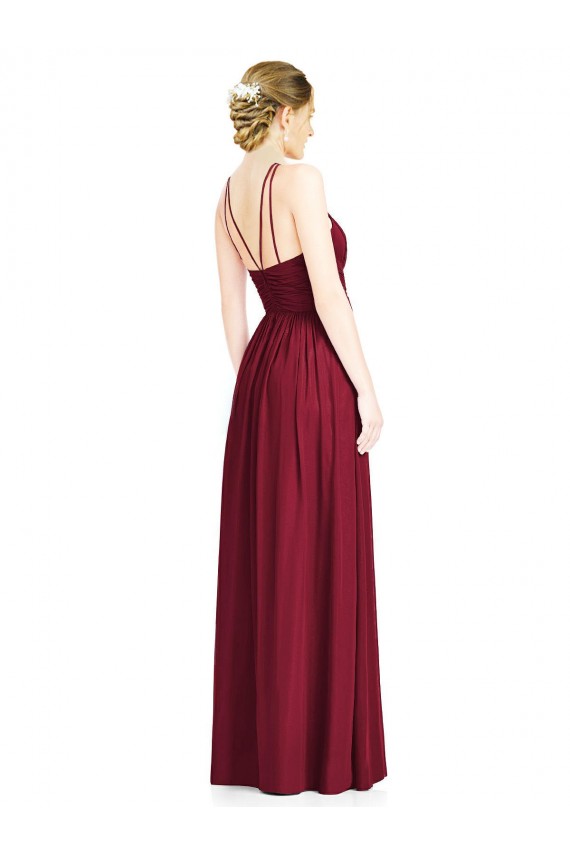 Borgonha Chiffon Linha A Abrir de volta Cabeçada Longo Vestidos de Madrinha Acessíveis