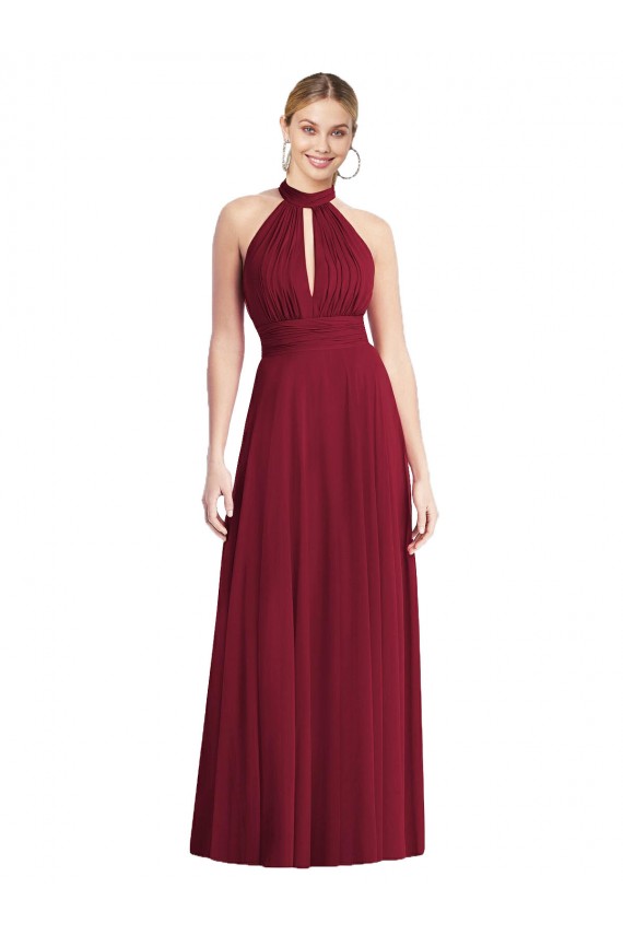 Borgonha Chiffon Linha A Abrir de volta Decote Alto Longo Vestidos de Madrinha Acessíveis