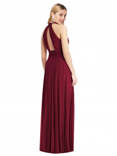 Borgonha Chiffon Linha A Abrir de volta Decote Alto Longo Vestidos de Madrinha