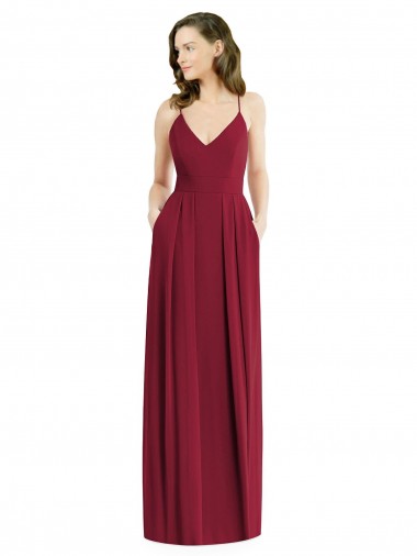 Borgonha Chiffon Linha A Abrir de volta Decote V Longo Vestidos de Madrinha