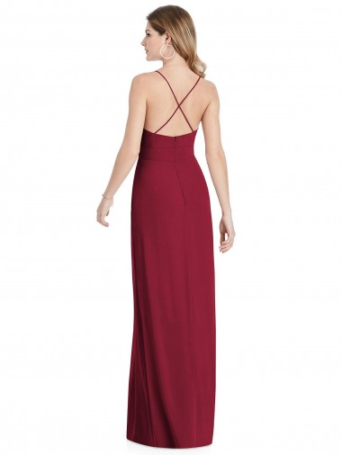 Borgonha Chiffon Linha A Abrir de volta Decote V Longo Vestidos de Madrinha
