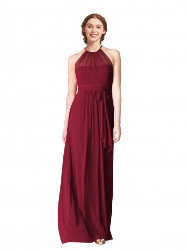 Borgonha Chiffon Linha A Cabeçada Longo Vestidos de Madrinha