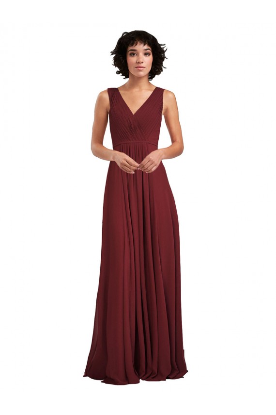 Borgonha Chiffon Linha A Costas em V Decote V Longo Vestidos de Madrinha Acessíveis