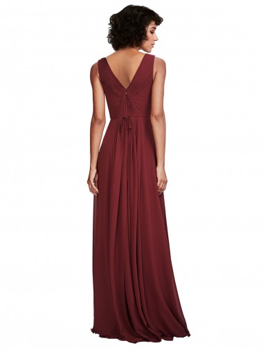 Borgonha Chiffon Linha A Costas em V Decote V Longo Vestidos de Madrinha