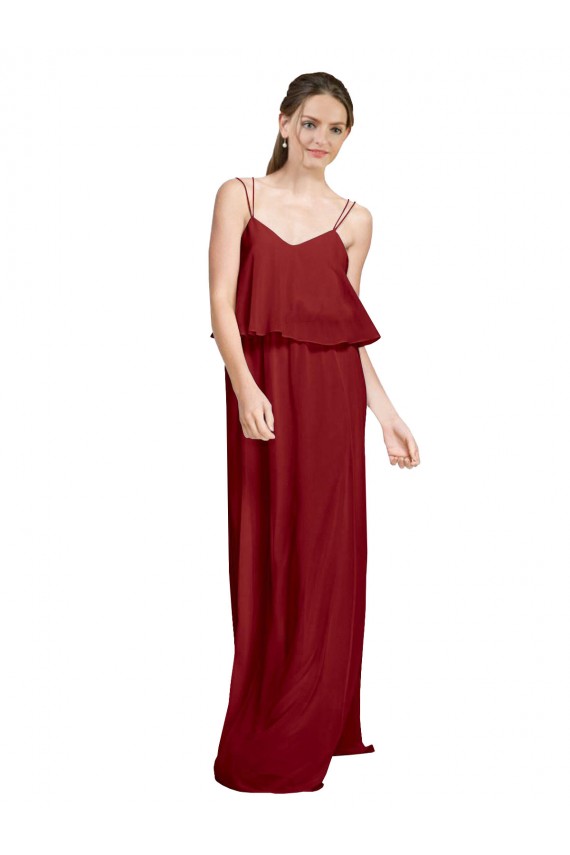 Borgonha Chiffon Linha A Criss Cruz Alças finas Longo Vestidos de Madrinha