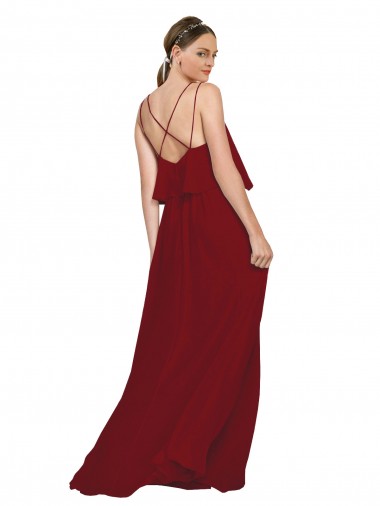 Borgonha Chiffon Linha A Criss Cruz Alças finas Longo Vestidos de Madrinha