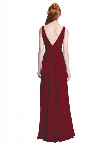 Borgonha Chiffon Linha A Decote V Longo Vestidos de Madrinha
