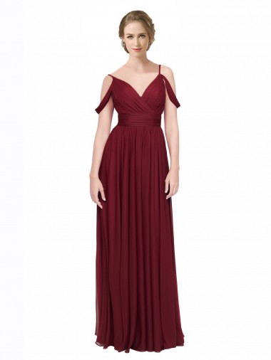 Borgonha Chiffon Linha A Lombar Alças finas Longo Vestidos de Madrinha