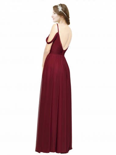 Borgonha Chiffon Linha A Lombar Alças finas Longo Vestidos de Madrinha