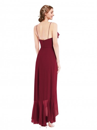 Borgonha Chiffon Linha A Lombar Decote V Alto Baixo, Longo Alto Baixo Vestidos de Madrinha