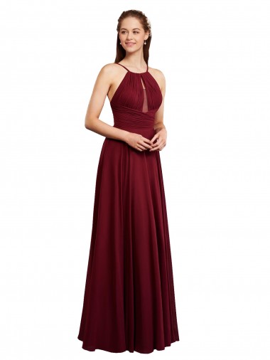 Borgonha Chiffon Linha A Sem Mangas Alças finas Longo Vestidos de Madrinha