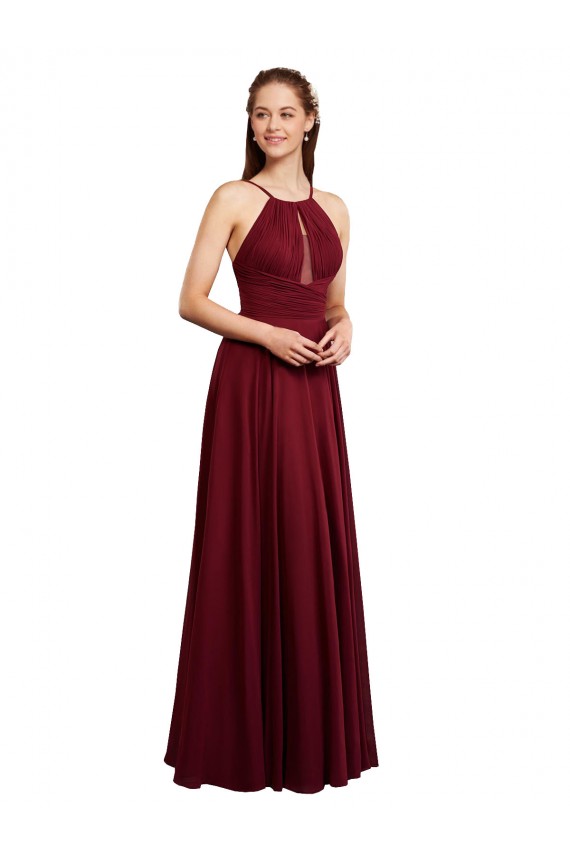 Borgonha Chiffon Linha A Sem Mangas Alças finas Longo Vestidos de Madrinha