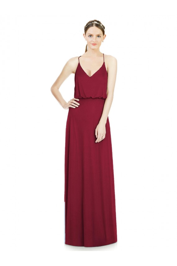Borgonha Chiffon Linha A Sem Mangas Decote V Longo Vestidos de Madrinha / Vestidos de Baile Acessíveis
