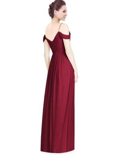 Borgonha Chiffon Linha A Sem Mangas Fora do Ombro Longo Vestidos de Madrinha