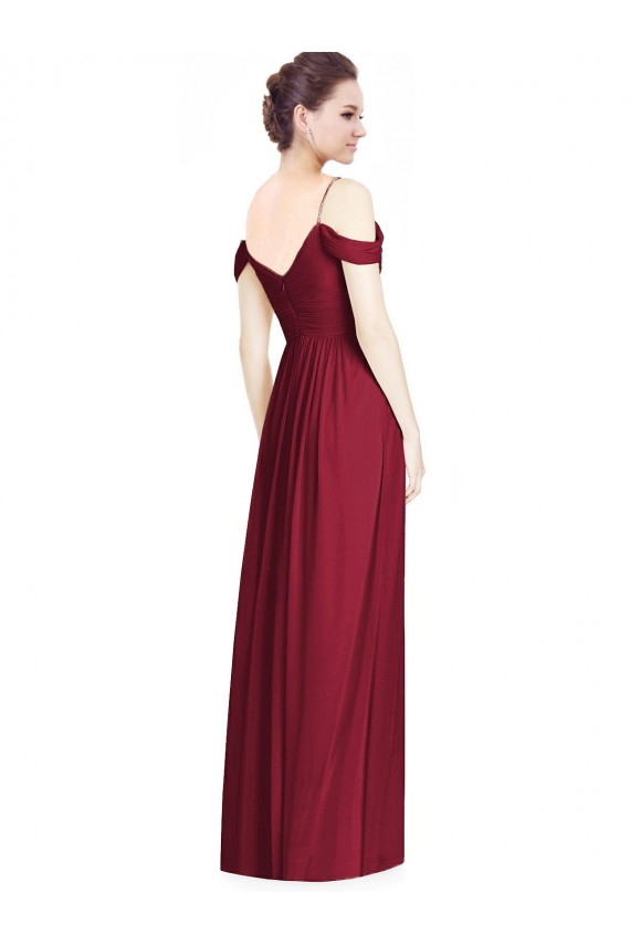 Borgonha Chiffon Linha A Sem Mangas Fora do Ombro Longo Vestidos de Madrinha