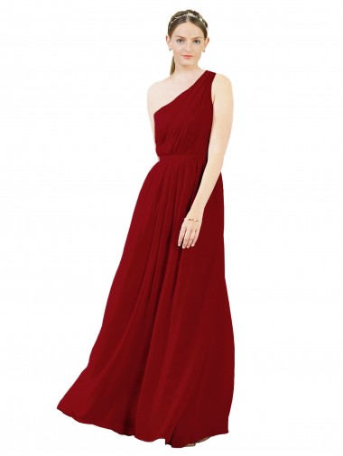 Borgonha Chiffon Linha A Sem Mangas Um Ombro Longo Vestidos de Madrinha