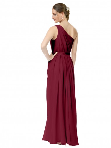 Borgonha Chiffon Linha A Sem Mangas Um Ombro Longo Vestidos de Madrinha