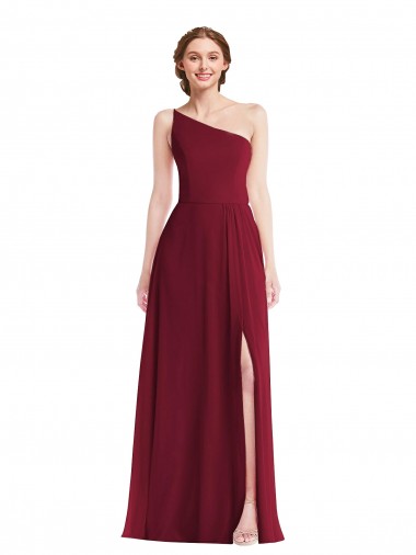 Borgonha Chiffon Linha A Sem Mangas Um Ombro Longo Vestidos de Madrinha