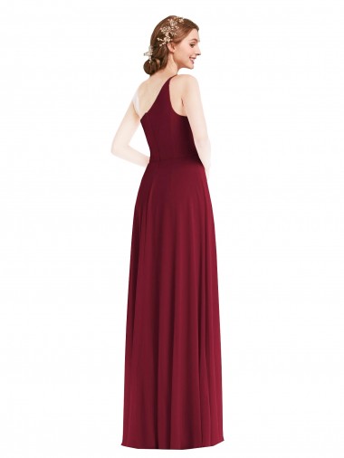 Borgonha Chiffon Linha A Sem Mangas Um Ombro Longo Vestidos de Madrinha
