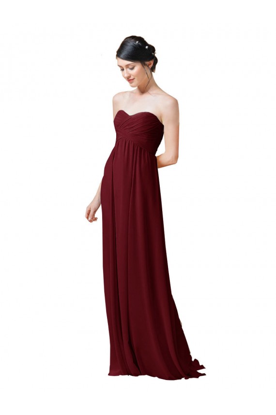 Borgonha Chiffon Linha A Sem alças Longo Vestidos de Madrinha Acessíveis