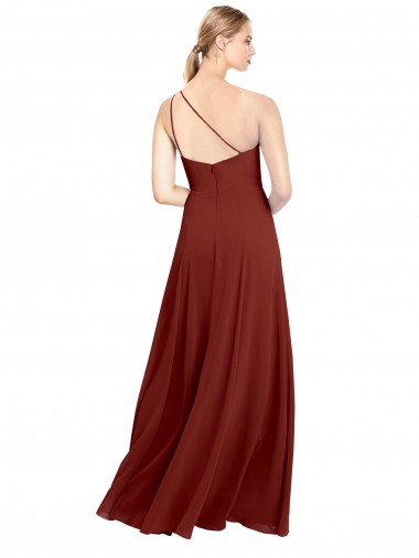 Borgonha Chiffon Linha A Um Ombro Longo Vestidos de Madrinha