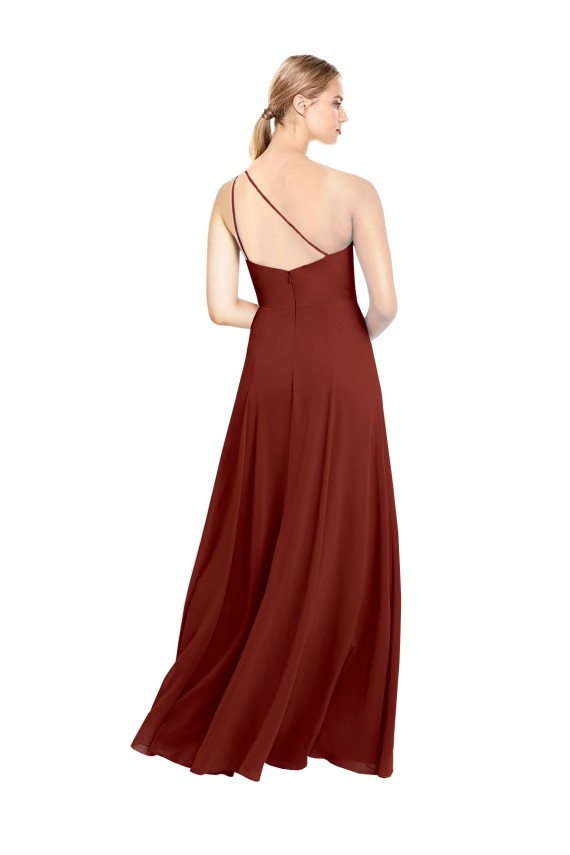 Borgonha Chiffon Linha A Um Ombro Longo Vestidos de Madrinha Acessíveis