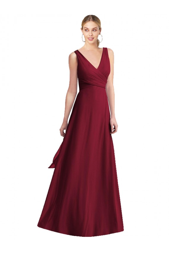 Borgonha Chiffon Sem Mangas Decote V Linha A Longo Vestidos de Madrinha Acessíveis