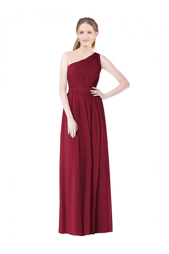 Borgonha Chiffon Sem Mangas Um Ombro Linha A Longo Vestidos de Madrinha Acessíveis