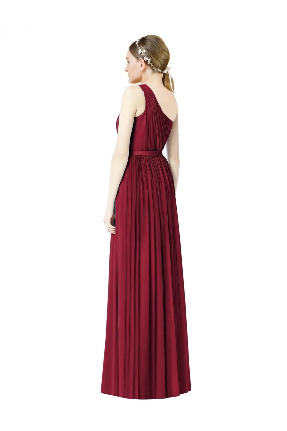 Borgonha Chiffon Sem Mangas Um Ombro Linha A Longo Vestidos de Madrinha Acessíveis
